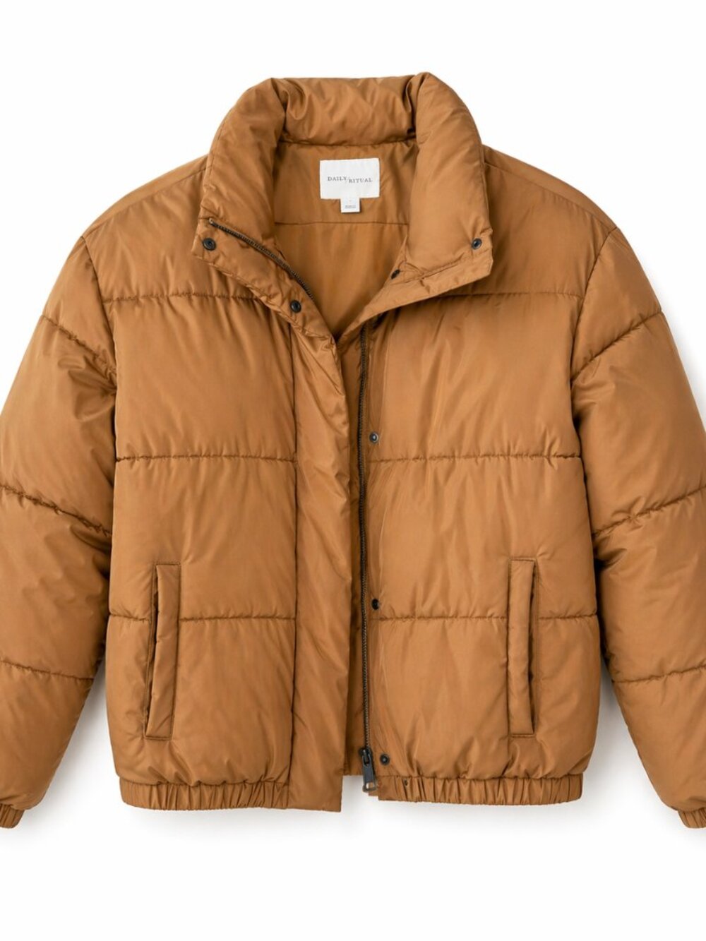 Daily Ritual Women’s Mock-Neck Short Puffer Jacket, Dark Chestnut Brown, size S